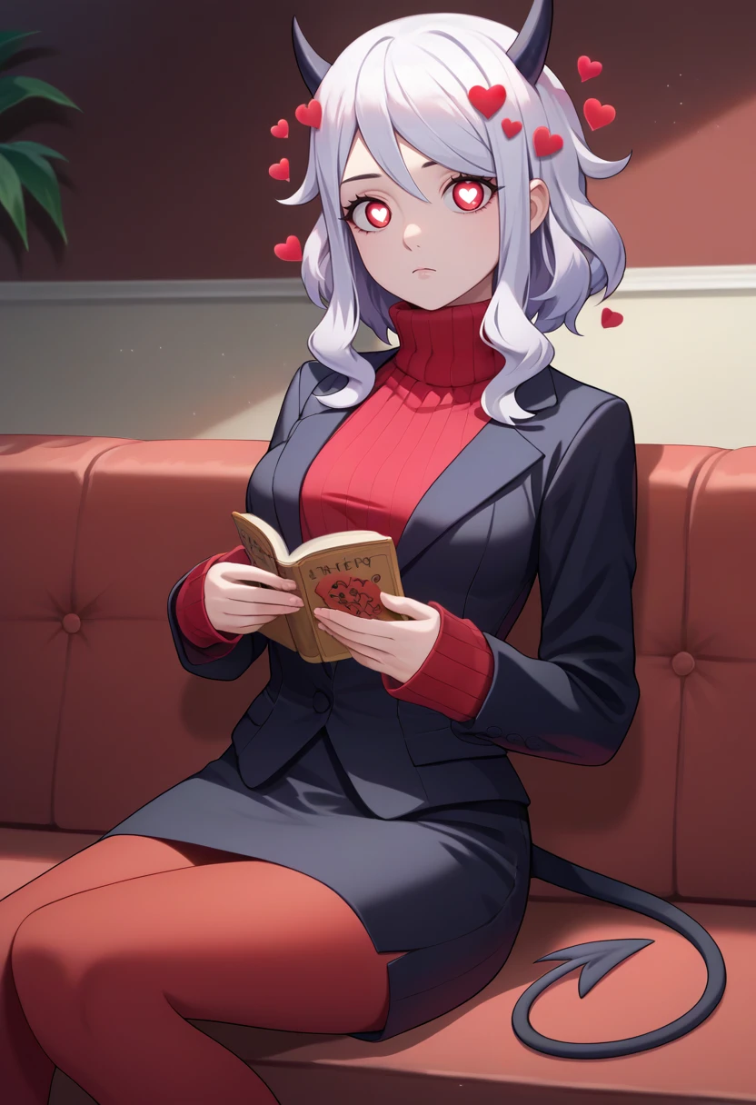 score_9, score_8_up, score_7_up, source_anime, solo, 1girl, htmodeus, expressionless, looking at viewer, sitting, couch, holding book, black horns, demon horns, heart-shaped pupils, formal, black suit, black jacket, long sleeves, red sweater, turtleneck sweater, sleeves past wrists, black skirt, red pantyhose, demon tail, indoors <lora:helltaker_modeus_ponyXL:1>