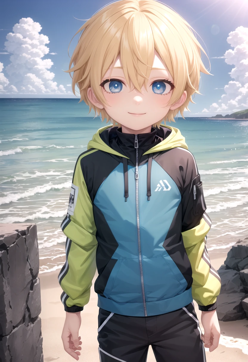 <lora:sota sd15_epoch_17:0.6>,sota, solo,looking at viewer,short hair,bangs,blue eyes,blonde hair,long sleeves,(1boy:1.3),hair between eyes,standing,wide rashguard jacket,(male focus:1.3),cowboy shot,outdoors,sky,day,pants,cloud,hood,water,blue sky,ocean,beach,black pants,hood down,child,multicolored clothes,zipper,horizon,(male child:1.2),wall,multicolored jacket,two-tone jacket , (masterpiece:1.2), best quality, high resolution, unity 8k wallpaper, (illustration:0.8), (beautiful detailed eyes:1.6), extremely detailed face, perfect lighting, extremely detailed CG, smile,
The soft lighting and detailed surroundings create an immersive environment where imagination runs wild hyper-detailed,hyper-detailed face, high quality visuals, dim Lighting, sharply focused, octane render, 8k UHD,
GS-Boyish