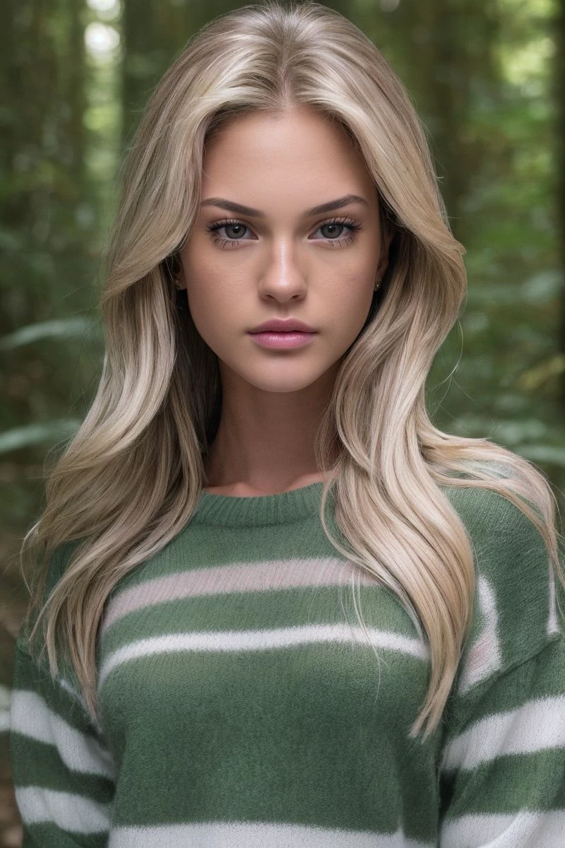 headshot of S384_GiuliaSeabra,a gorgeous woman,in a (forest:1.1),wearing a (striped-sweater:1.1),(4k, RAW photo, best quality, 50mm, depth of field, ultra high res:1.1),(intricate, photorealistic, cinematic-shot, masterpiece, ultra-detailed:1.1),