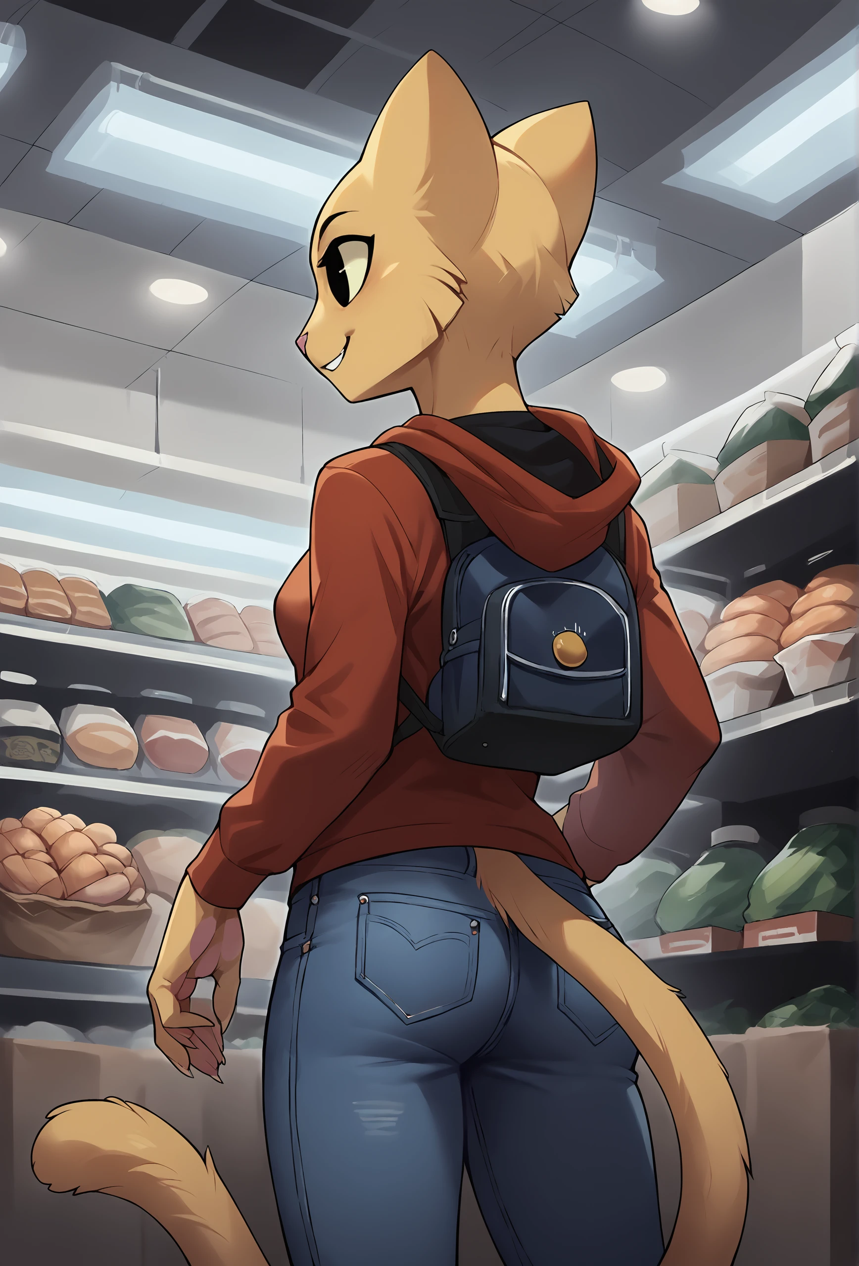 score_9, score_8_up, score_7_up, score_6_up, score_5_up, score_4_up, depth of field, grocery store, indoors <lora:Smooth Night Style SDXL_LoRA_Pony Diffusion V6 XL:0.7> ceiling light, black ceiling, modern, skylight BREAK
 <lora:katia_managan_ponyXL_v1.2:1> 1girl, katia managan, furry, cat girl, solo, black eyes, solid circle pupils, eye reflection, hoodie, jeans, denim, from behind, backpack, smile, dynamic pose, leaning