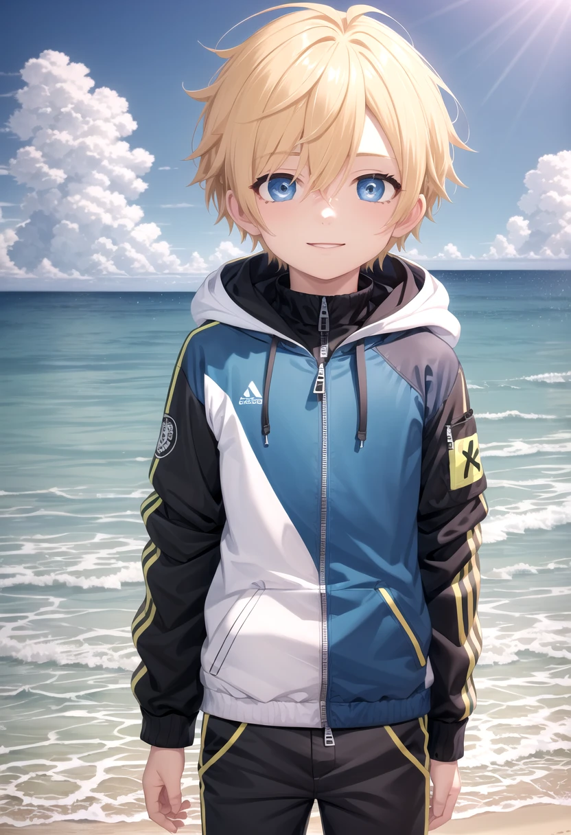 <lora:sota sd15_epoch_17:0.6>,sota, solo,looking at viewer,short hair,bangs,blue eyes,blonde hair,long sleeves,(1boy:1.3),hair between eyes,standing,wide rashguard jacket,(male focus:1.3),cowboy shot,outdoors,sky,day,pants,cloud,hood,water,blue sky,ocean,beach,black pants,hood down,child,multicolored clothes,zipper,horizon,(male child:1.2),wall,multicolored jacket,two-tone jacket , (masterpiece:1.2), best quality, high resolution, unity 8k wallpaper, (illustration:0.8), (beautiful detailed eyes:1.6), extremely detailed face, perfect lighting, extremely detailed CG, smile,
The soft lighting and detailed surroundings create an immersive environment where imagination runs wild hyper-detailed,hyper-detailed face, high quality visuals, dim Lighting, sharply focused, octane render, 8k UHD,
GS-Boyish