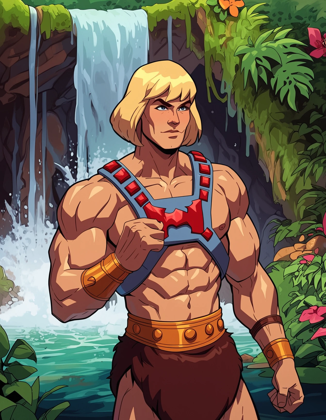 score_9, score_8_up, score_7_up,1girl,He-Man, hypermuscular (woman:1.15),large breast,underboob, blonde hair,harness, standing in a waterfall at a djungle, seductive pose, 