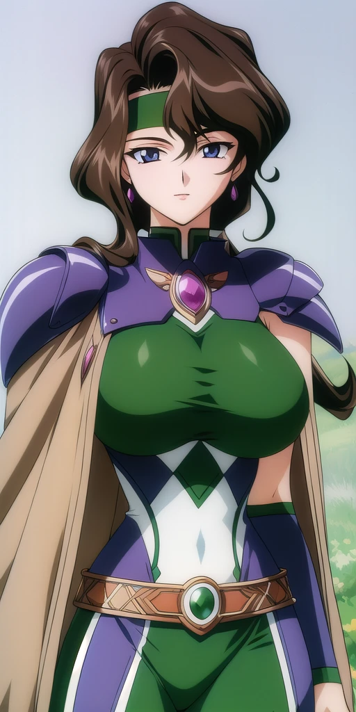 <lora:Afura_MannV9:0.7> afura_mann, huge_breasts, standing, solo, green_sleeveless_bodysuit_brown_capelet_pauldrons_green_headband_wristband_arm_strap_gem_belt, masterpiece, best_quality, detailed_face, detailed_eyes, highres, beautiful, detailed, absurdres,