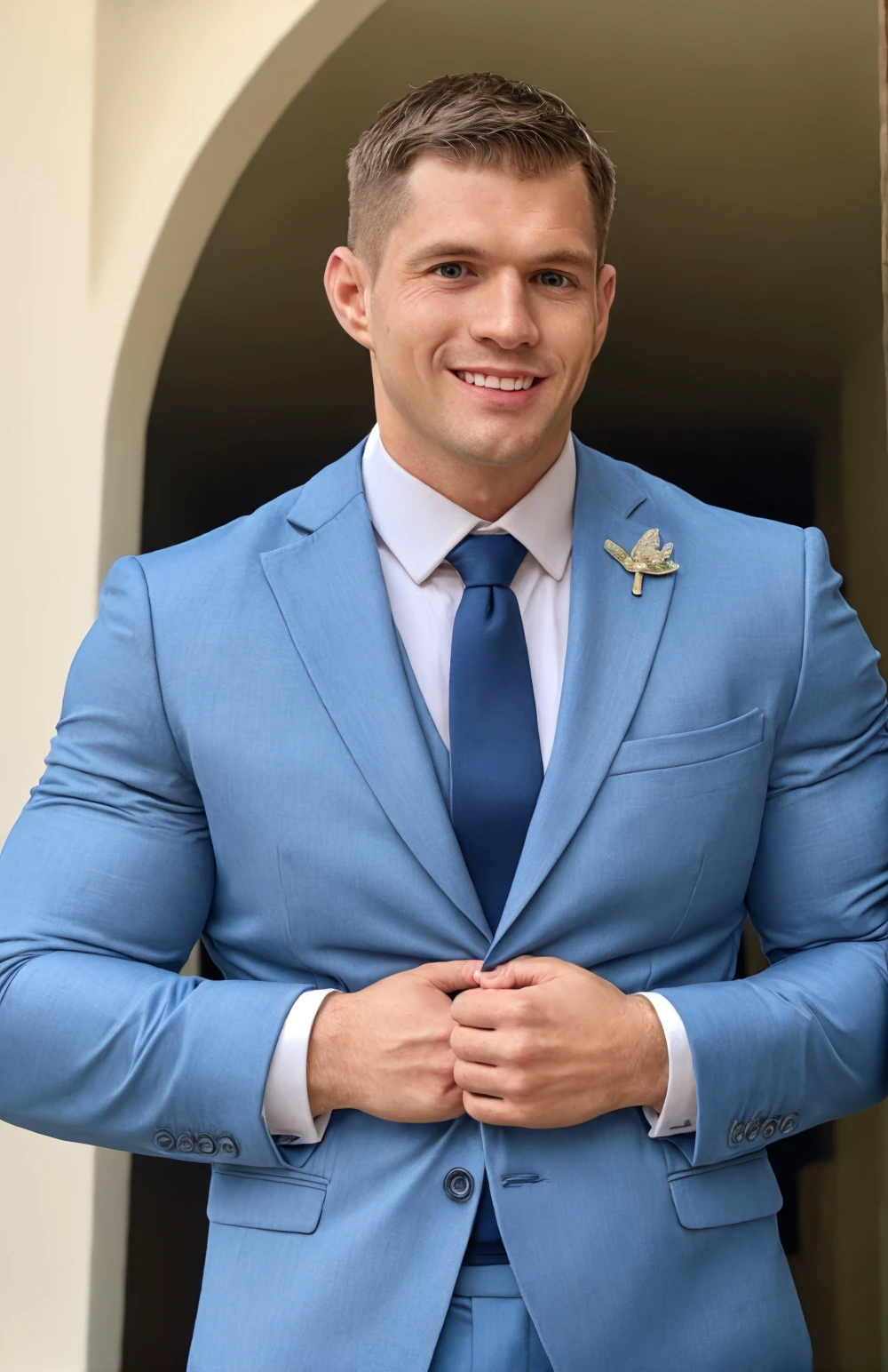 (face focus). (close up shot:0.9), (masculine:1.3), (large strong physique:1.3), at outdoor sunny wedding, wearing designer formal suit and tie, sexy pose:1.0, confident, handsome, (((masterpiece))), (((best quality))), <lora:more_details:0.1>, (hands on waist), male, athletic, looking at viewer, smile, short hair, <lora:Kaden_Saylor:1>,