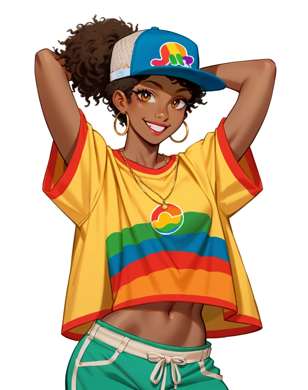 score_9, score_8_up, score_7_up, score_6_up, score_5_up, score_4_up, BREAK ,cowboy shot,1girl,solo,smile,digital painting,dark skinned female,
edg90hh, woman wearing hip hop outfits ,wearing edg90hh_clothing,arms behind head
 <lora:edg90sHIPHOPPony:0.75>