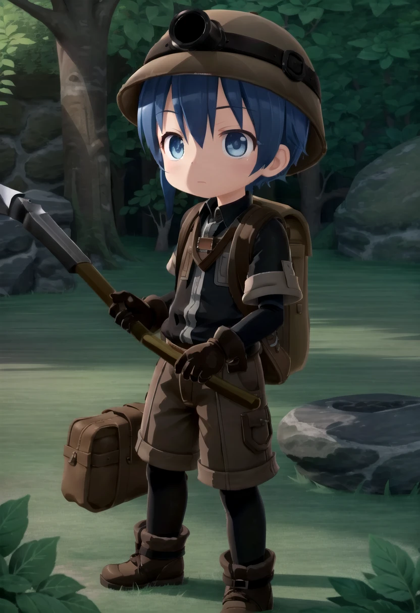 <lora:made_in_abyss_-_binary_star_-_aki-sd-v10:0.6>
masterpiece, ultra detail, forest, detailed background, looking at camera, mia_aki, solo, blue eyes, shirt, gloves, 1boy, hat, holding, closed mouth, blue hair, standing, full body, male focus, boots, outdoors, shorts, black gloves, bag, black shirt, brown footwear, backpack, helmet, male child, brown shorts, whistle, pickaxe , draw it in the style of made in abyss,The soft lighting and detailed surroundings create an immersive environment where imagination runs wild hyper-detailed,hyper-detailed face, high quality visuals, dim Lighting, sharply focused, octane render, 8k UHD