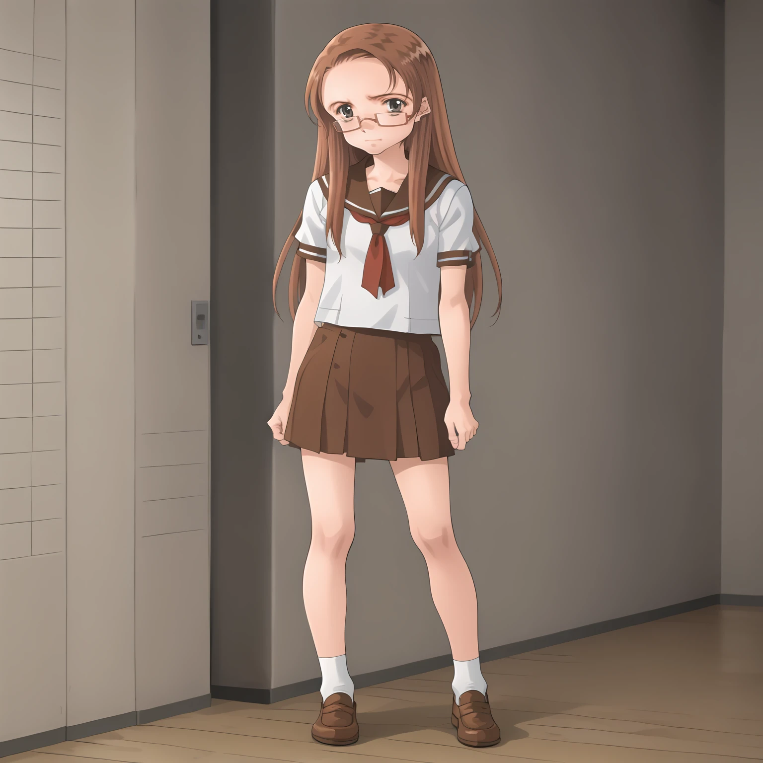 <lora:KyoukoAsahinaXLpony001>,
solo,
KyoukoAsahina,1girl,brown hair,long hair,black eyes,eyewear,
full body,standing,serafuku,