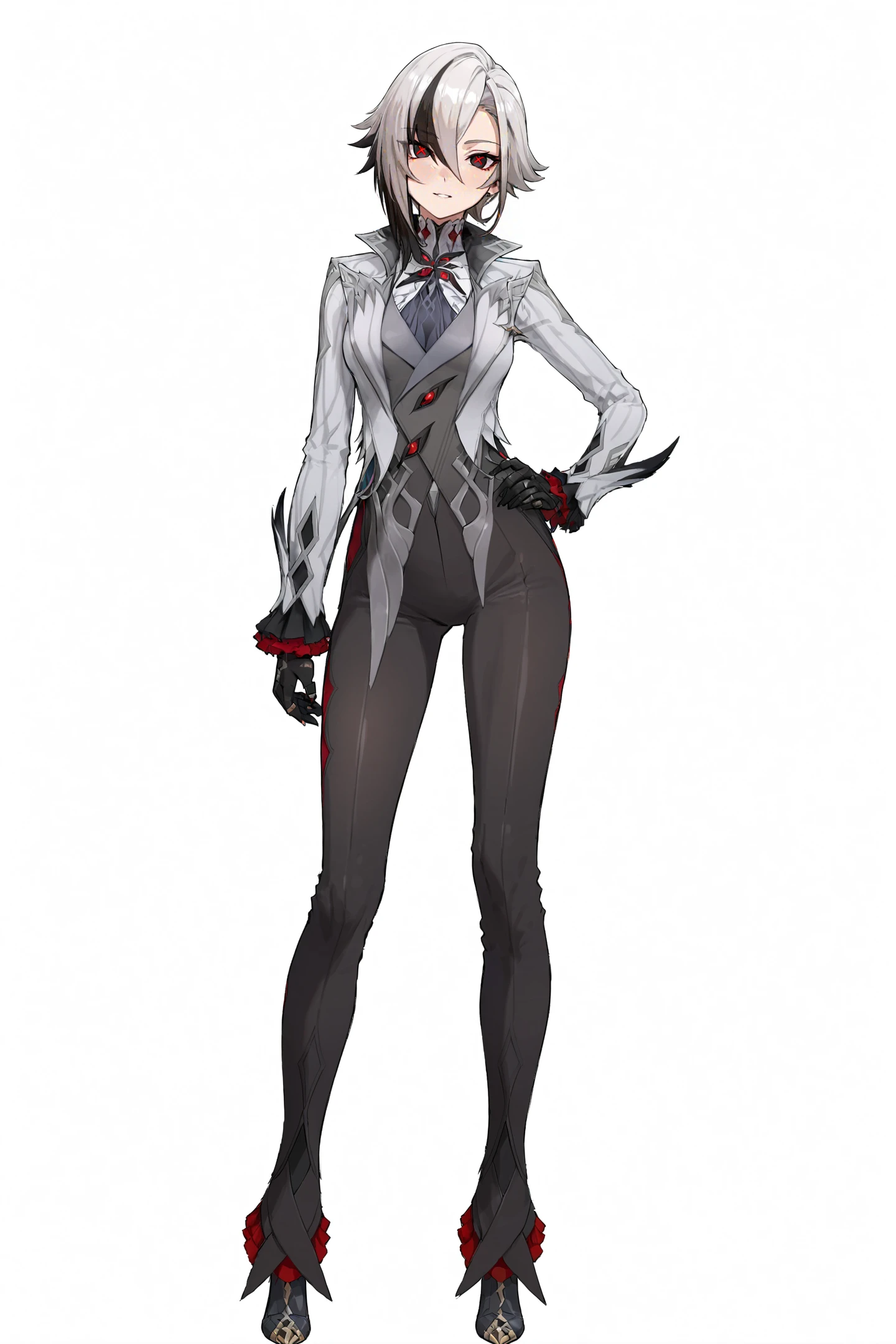 score_9,score_8_up,score_7_up,score_6_up,
8k,best quality,masterpiece,(ultra-detailed:1.1),(high detailed skin),
(full body:1.4),white background,standing,looking at viewer,(solo:1.4),hand on hip,
<lora:Arlecchino-A3-Tanger:0.8>,Arlecchino,def clothes,1girl,x-shaped pupils,red pupils,black gloves,pants,symbol-shaped pupils,
(white background, simple background:1.3),
(beautiful_face),((intricate_detail)),clear face,
((finely_detailed)),fine_fabric_emphasis,
((glossy)),full_shot,