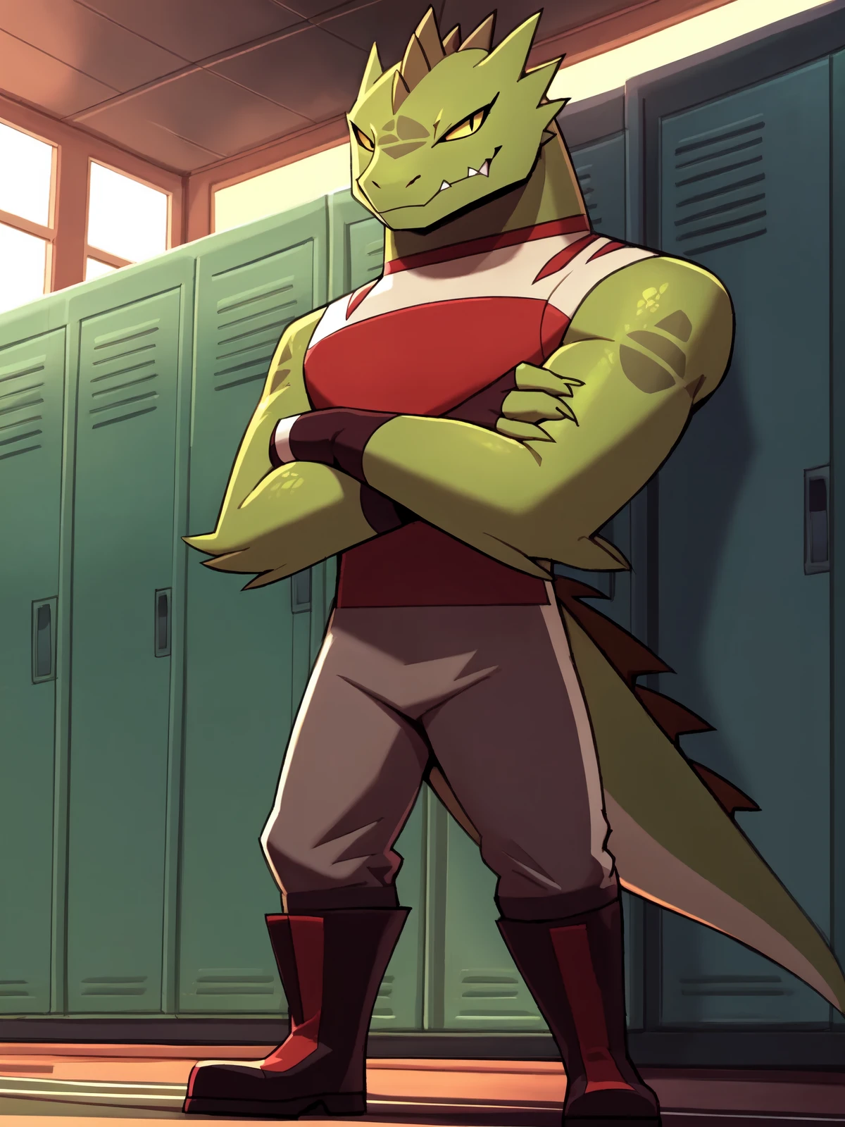 this photograph depicts a r0gelio leaning on a locker, standing, scalie, reptile,r0gelio, crocodilian, anthro,against surface, full body, male,solo,saliva, teeth,simple eyes, slit pupils, yellow sclera, low-angle view, arms crossed, looking down at viewer,fingerless gloves, topwear, bottomwear, fangs, sharp teeth, footwear, boots, scales, symmetrical,detailed background,indoors, locker room,4k hi res,insanely detailed, volumetric lighting,realism shading, digital media (artwork), insanely detailed, <lora:r0gelio_YMv4:0.8>, by blitzdrachin, by braeburned, by donutella, by zackary911, by spectrumshift, by inumania