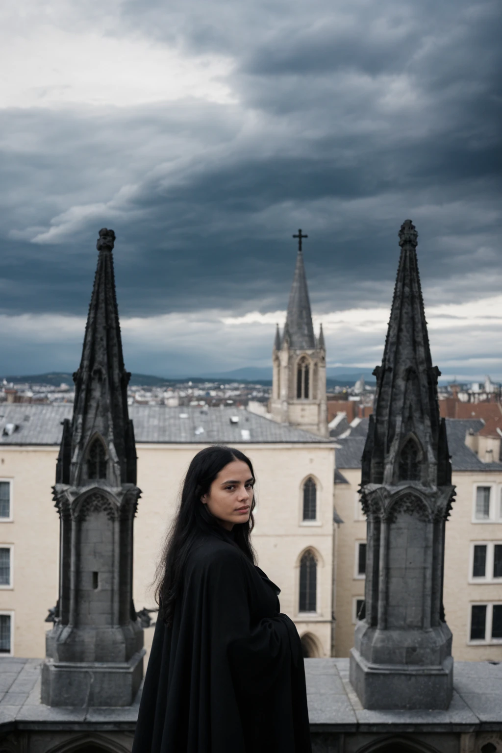 a woman at the center of a photo, medium shot, 35 years old, long black hair, at the stone marquee on a rooftop of a gothic church, wearing a black overcoat, looking away, (two huge stone Gargoyles at the woman's side:1.2), dark clouds, dark color grading, cinematic, photo by David LaChapelle
<lora:dark-cinematics:1>