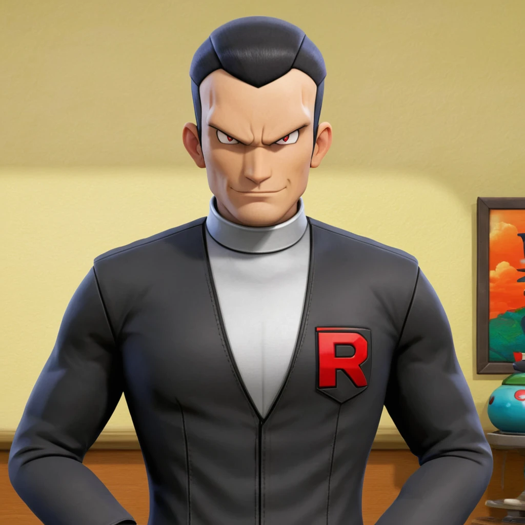 sfw, masterpiece, best quality,absurderes,3d,game cg, giovanni \(pokemon\),team rocket ,cropped,portrait,smug,indoors,<lora:GiovanniXL:1>