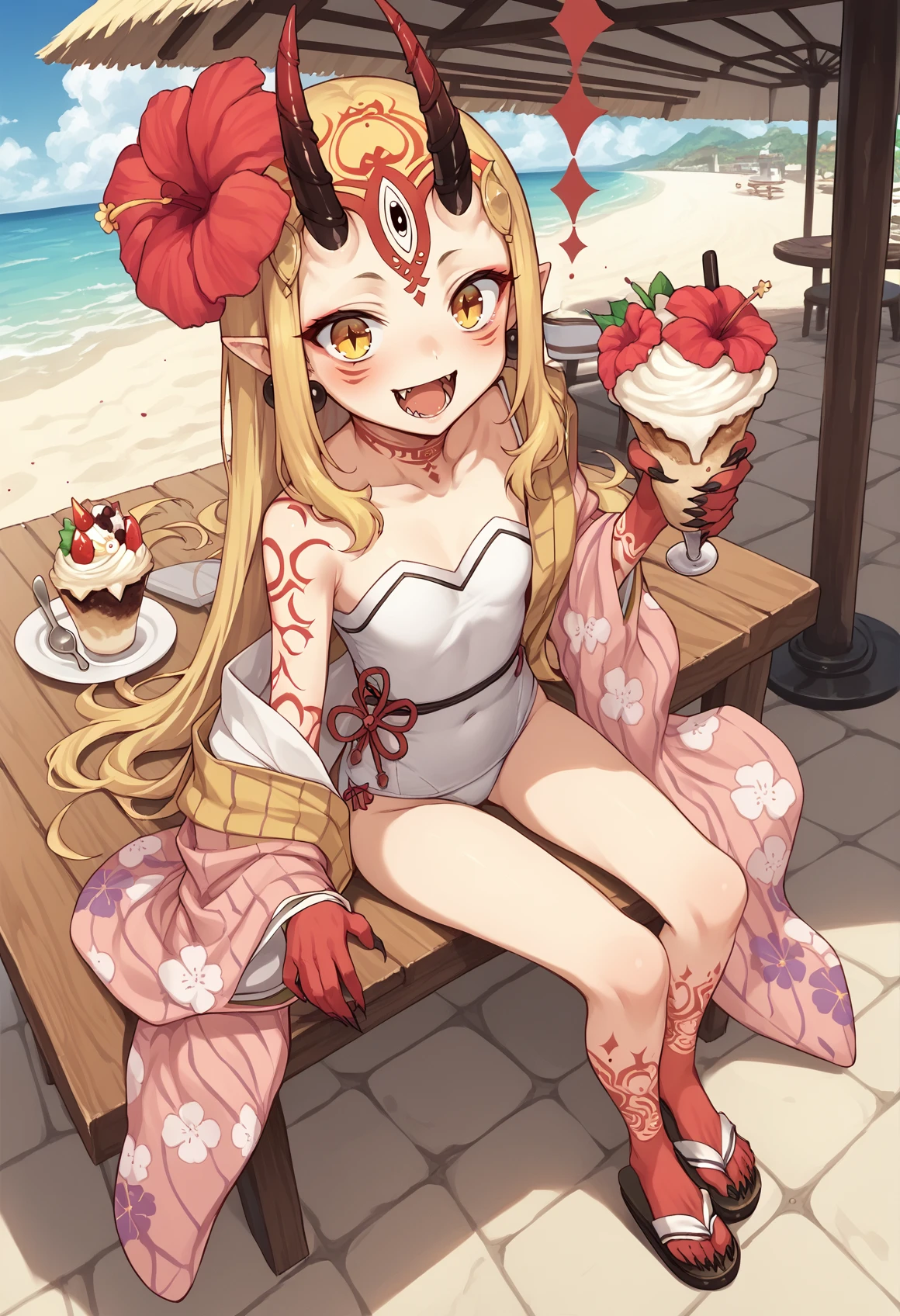 1girl, long hair, blonde hair, sidelocks, yellow eyes, pointy ears, facial mark, tattoo, forehead mark, oni, horns, sharp fingernails, hibiscus, hair flower, hair ornament, strapless one-piece swimsuit, bare shoulders, white one-piece swimsuit, japanese clothes, pink kimono, jewelry, sandals, sitting, full body, table, chair, outdoors, cafe, parfait, spoon, starry eyes, open mouth, smile, blushing, fang <lora:Ibaraki_Douji_XL:1>, score_9, score_8_up, score_7_up, score_6_up, score_5_up, score_4_up, BREAK source_anime, masterpiece