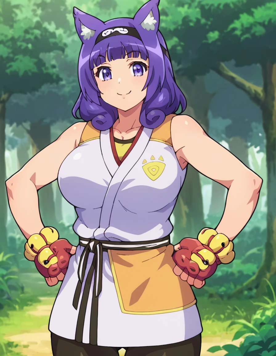 score_9, score_8_up, score_7_up, score_6_up, score_5_up, score_4_up, 
BREAK 
source_anime,1girl, solo, 
in the forest,
smile, 
bike shorts, karate gi, hairband, fingerless gloves, sleeveless, standing, hands on hip, contrapossto, 
purple hair, medium hair, purple eyes, animal ears, large breasts, hairband, 
<lora:FutokuHitamuKyanV2:0.8>,