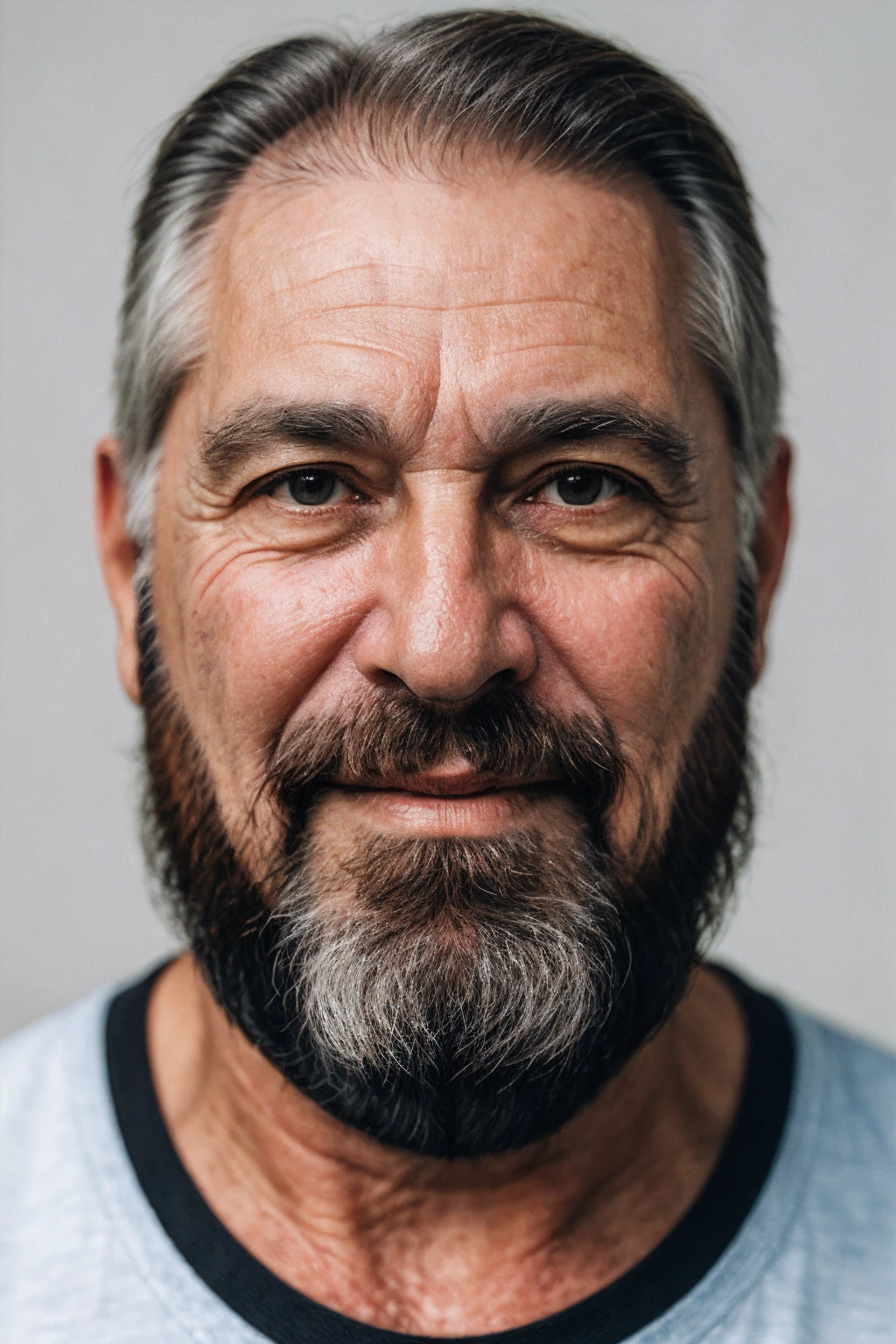 55yo man, closeup portrait, full beard