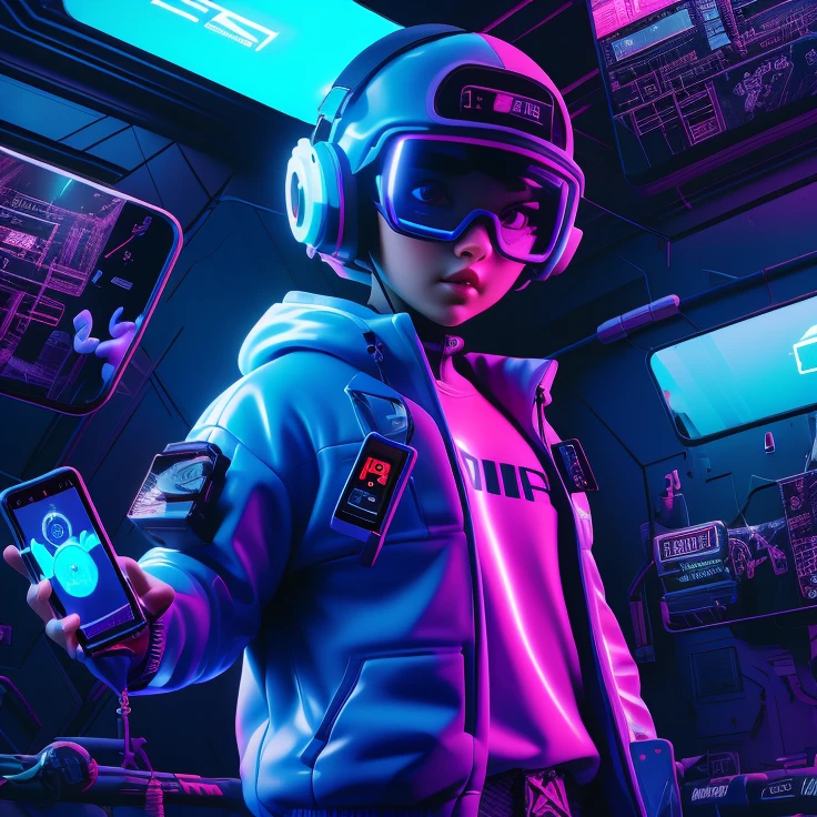 masterpiece,best quality,solo,1girl,phone,cyberpunk,helmet,holding,neon lights,cellphone,playful atmosphere,<lora:douyinxieshi1.5-000009:0.85>,