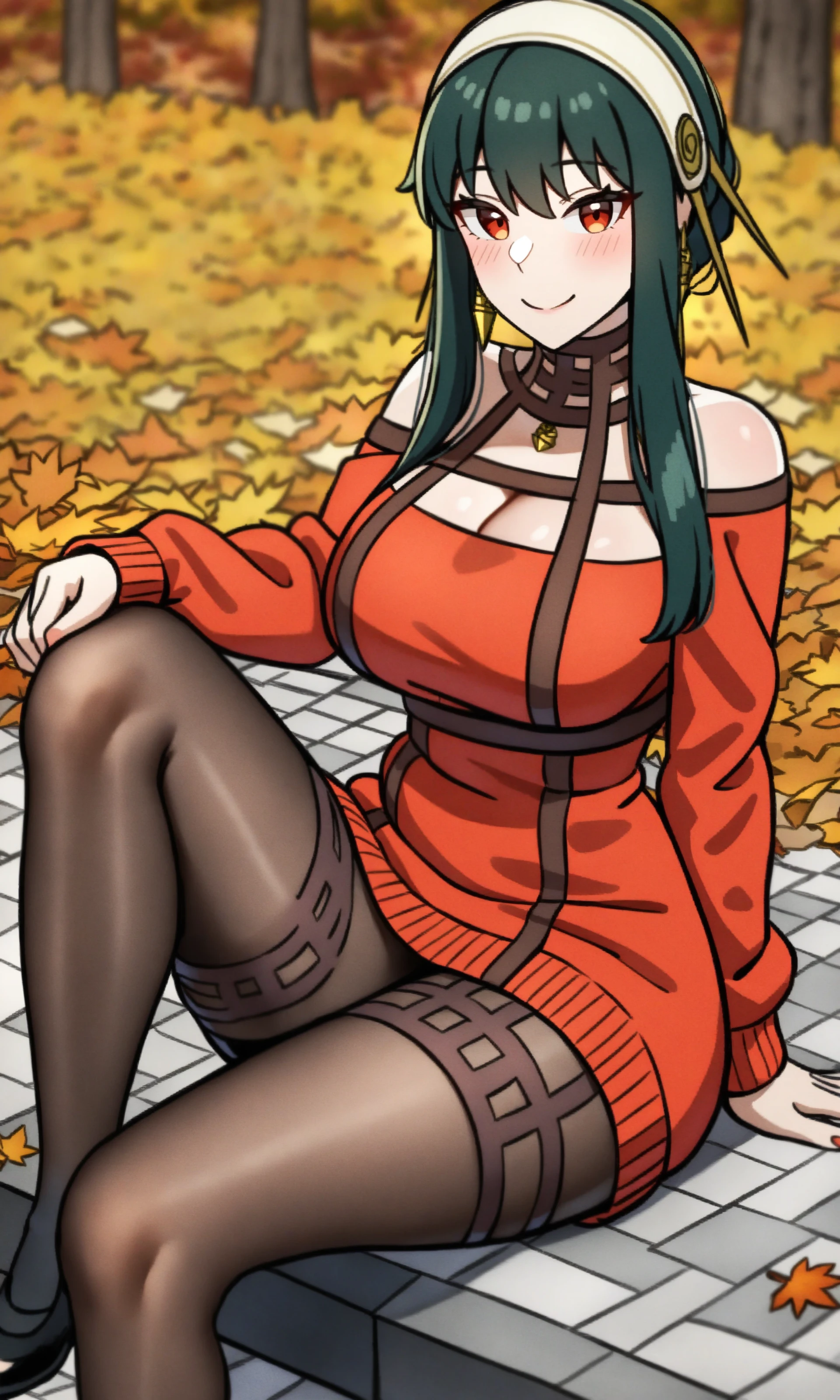 HDR,UHD,8K,best quality,highres,absurdres,masterpiece,Highly detailed,
<lora:yor_briar:1>,black_pantyhose, yor_briar, smile, solo, tree, 1girl, outdoors, highres, red_sweater, white_hairband, autumn_leaves, sitting, knee_up, cleavage, closed_mouth, leaf