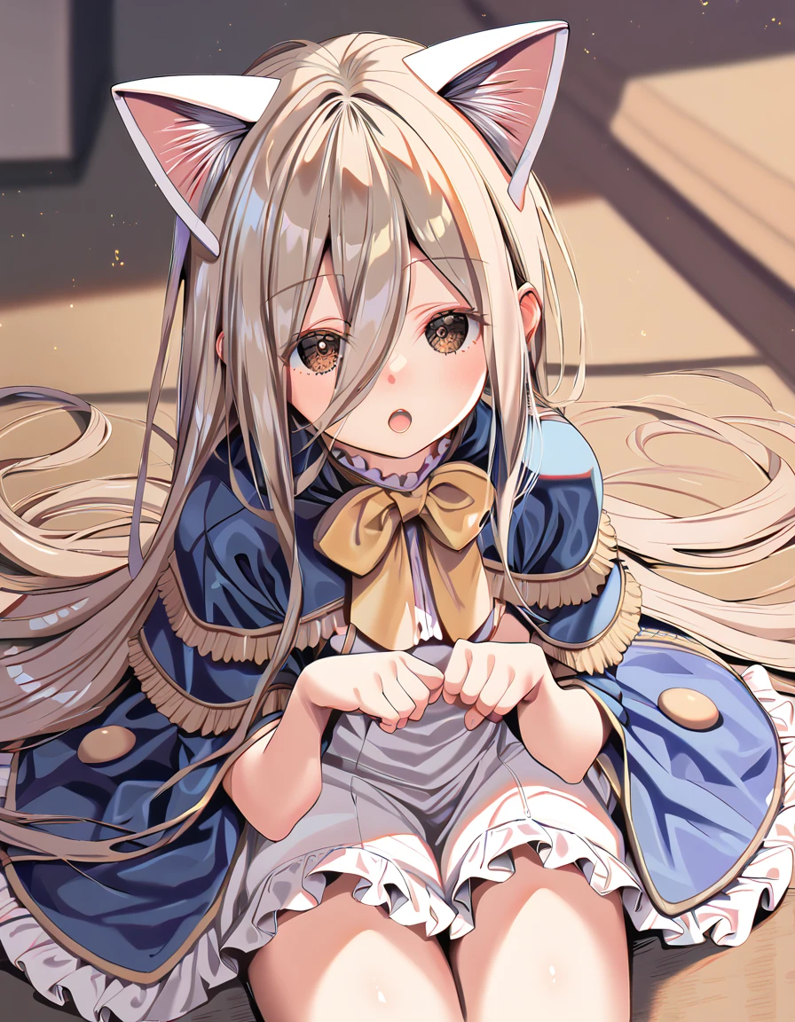 score_9, score_8_up, score_7_up,  score_6_up, a girl sitting on the floor, paw pose, open mouth, fake cat ears, 
<lora:kink_style_xl_v5:1.2> <lora:sense_sousou no frieren_PONY_last:0.6> sense \(sousou no frieren\),brown eyes,very long hair,absurdly long hair,hair between eyes,eyes visible through hair, blue capelet,frilled dress,white long dress