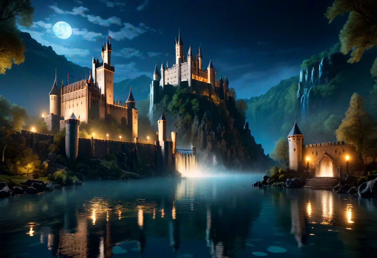 score_9, score_8_up, score_7_up, score_6_up, score_5_up, score_4_up, high resolution, night, castle surrounding by mystical lake, amazing water fall in background reflecting moonlight and water looks like flamme, water reflection, style of medieval fantasy, haze on water