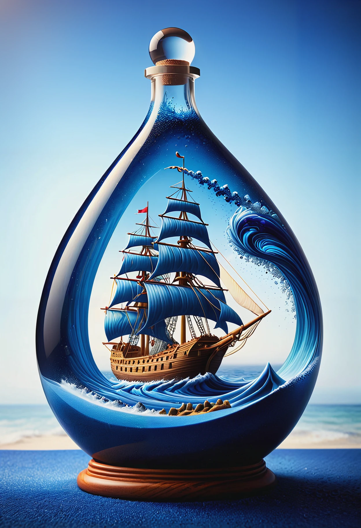 a ship in a bottle, water made of blue sandswirl, detailed, (masterpiece, high detail, best quality), realistic, fantasy