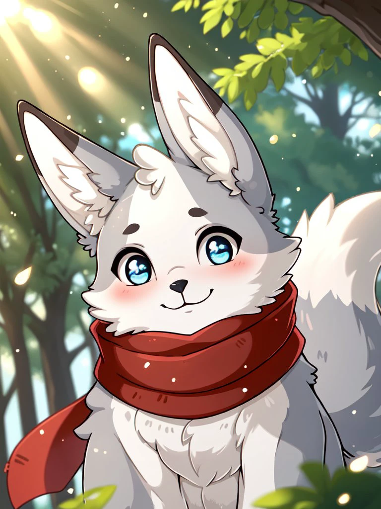 depth of field, perfect lighting, light particles,(best quality),(masterpiece),(ultra detailed),sharp focus,light particles, detailed eyes, blush, blue_eyes, looking_at_viewer, smile, solo, furry, animal_ear_fluff, upper body, tail,sunlight, tree, from below, gray fur, red scarf, one tail
  <lora:Rainey:0.8>