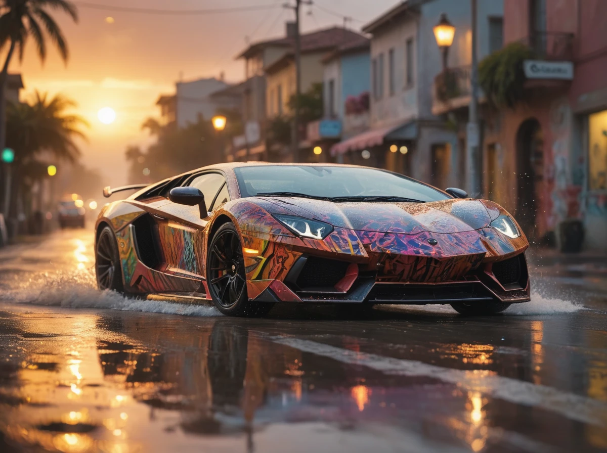 Dreamscape A bright vivid color graffiti Lamborghini Aventador with pilot speeds on a wet road along the ocean vivid color.,speed_lines,(racing stripes motion blur going really fast deep focus:1.4),The car's headlights illuminate the road and the crashing waves on the shore. The setting sun casts warm and vibrant colors across the sky and water. The winding road weaves through a beautiful landscape,graffiti,creating a sense of freedom and adventure.,depth of field,bokeh,contour_deepening,motion_lines,cinematic lighting . Surreal, ethereal, dreamy, mysterious, fantasy, highly detailed