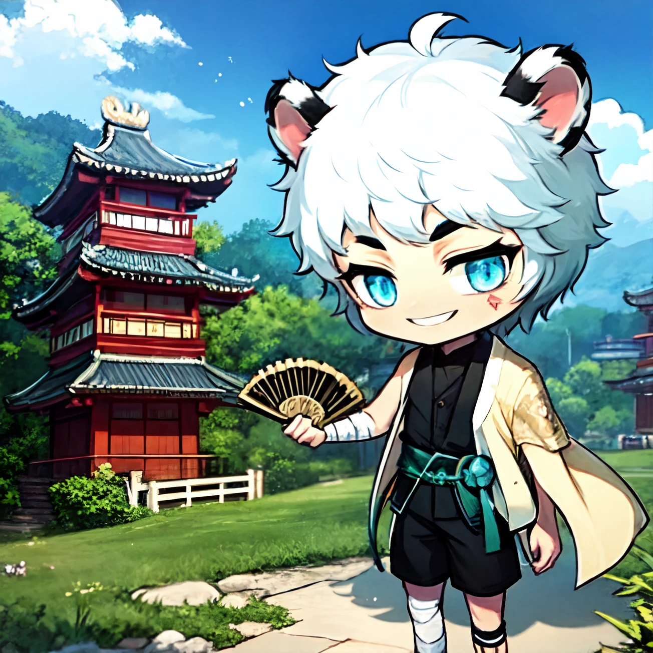 Hu,animal ears,1boy,white hair,male focus,smile,hand fan,scar,scar on face,holding fan,blue eyes,chibi,cloud,holding,outdoors,tiger ears,sky,architecture,bandages,jacket,bandaged arm,short hair,east asian architecture,looking at viewer,jacket on shoulders,scar on arm,folding fan,
masterpiece,high quality,<lora:Hu-0000012:0.8>,
Warm afternoon,big sun,
A paradise,a big scene with a waterfall in the distance and a hill full of pink peach trees with lots of peach coils,