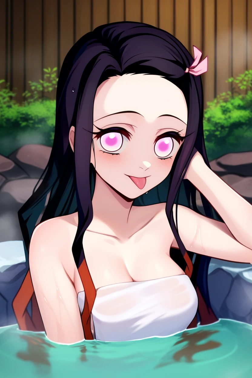 score_9, score_8_up, score_7_up,rating_safe,kamado nezuko,1girl,solo,, black hair, pink eyes,magenta pupils, pink hair ribbon, two-tone hair,orange hair,towel,bathing,submerged, long hair,onsen, bamboo,:p,tongue out,upper body,medium breasts, <lora:NezukoPony_v2:1>