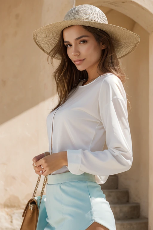 Breathable long-sleeve shirt, convertible hiking skirt, hiking sandals, and a sun hat - Camino de Santiago, Spain full color fashion magazine photo of a beautiful woman ,<lora:EkaterinaZueva_V1:1>, photo model,  official balmain editorial, dramatic lighting highly detailed, analog photo, overglaze, 80mm Sigma f/1.4, enhanced, sharp, long torso, slim body,  long neck, smile:.5, tanned skin, long dark straight silky hair (close-up) dutch angle