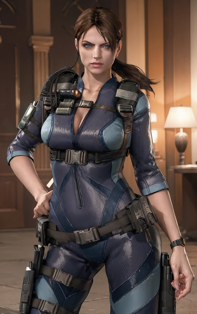 (masterpiece, best quality:1.4), insaneres, absurdres, solo, looking at viewer,BREAK 
GAME_ResidentEvilRevelation_JillValentine_ownwaifu, 
1girl, breasts, brown hair, short hair, medium breasts, jill valentine, lips, ponytail, long hair, blue eyes, large breasts, collarbone, makeup, 
bodysuit, cleavage, watch, holster, wristwatch, belt, uniform, military, bracelet, thigh holster, pouch, skin tight, bulletproof vest, 
(contrapposto, hand on hip), sunset, sidelighting, outdoors, <lora:GAME_ResidentEvilRevelation_JillValentine_ownwaifu-15:1> , depth of field