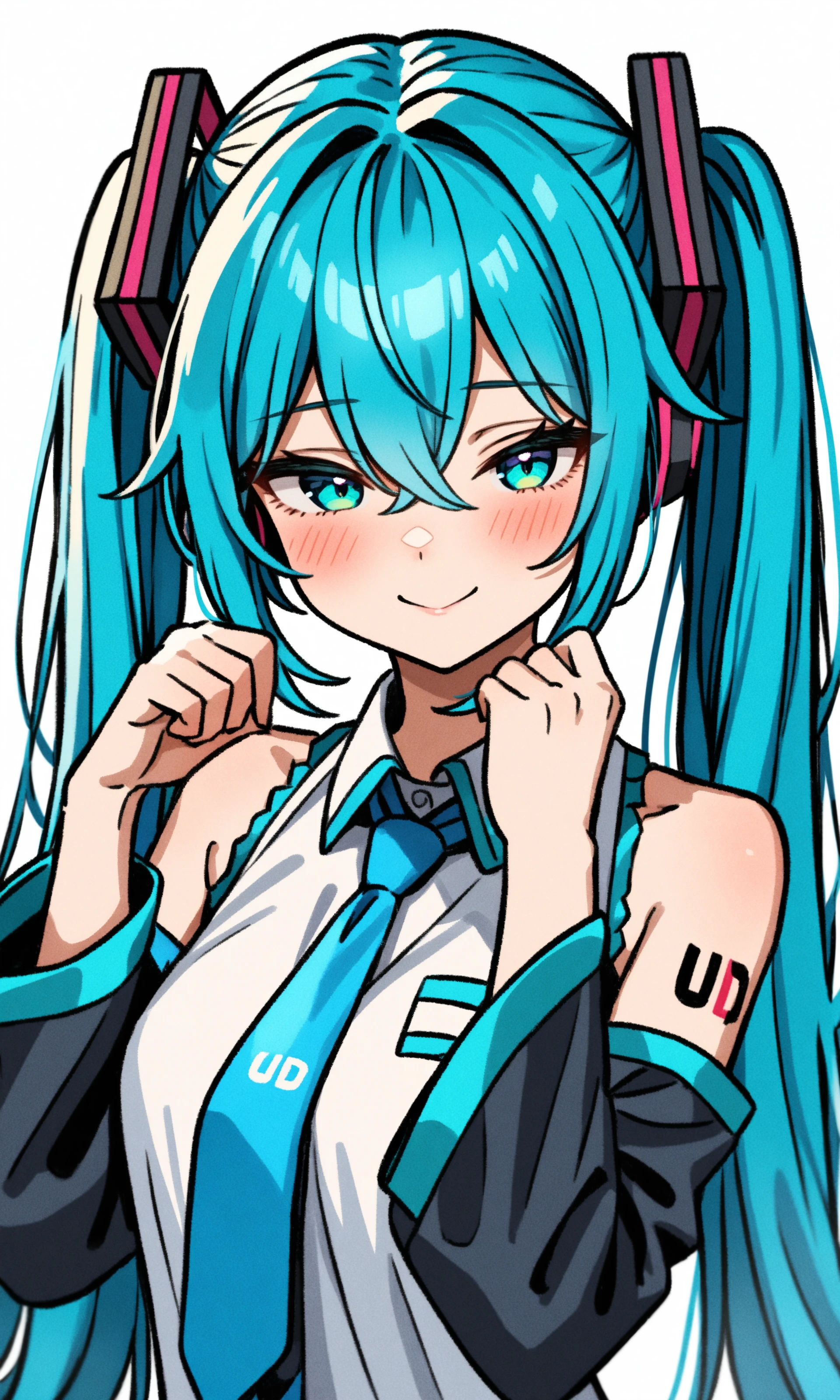 HDR,UHD,8K,best quality,highres,absurdres,masterpiece,Highly detailed,
1girl,solo,hatsune miku,twintails,smile,long hair,necktie,detached sleeves,looking at viewer,blush,blue hair,upper body,blue necktie,hair between eyes,shirt,aqua eyes,bare shoulders,closed mouth,sleeveless,blue eyes,aqua hair,bangs,hands up,tattoo,half-closed eyes,