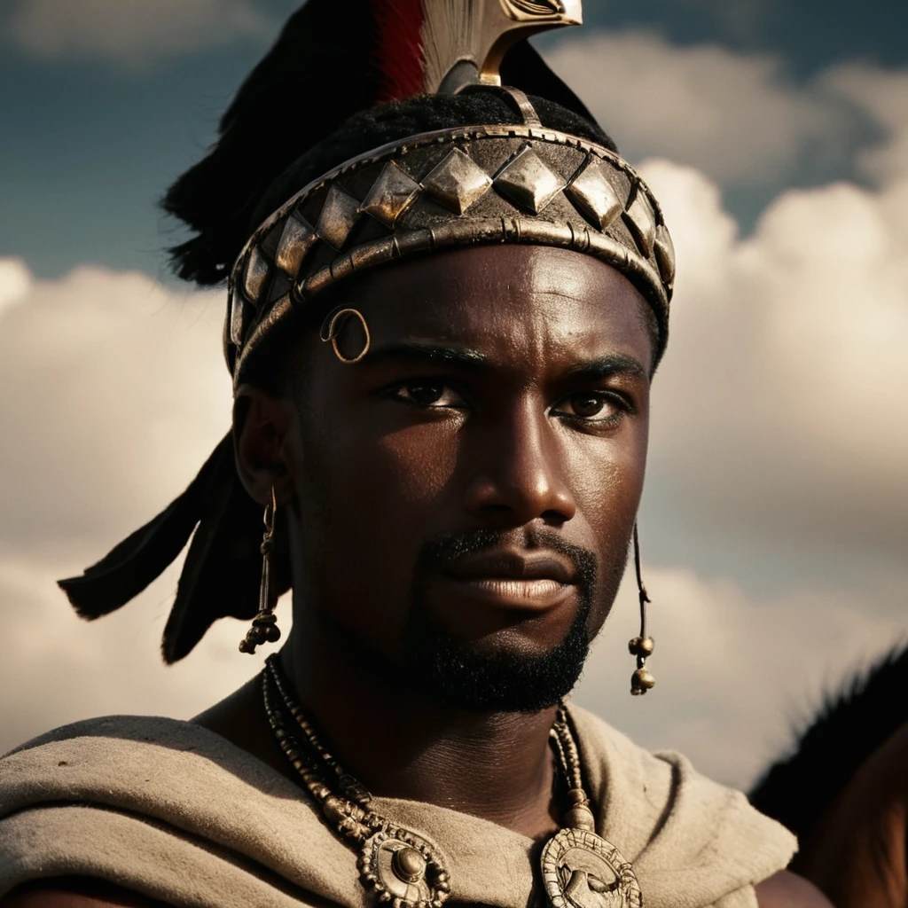 cinematic film still of  <lora:spartan style v2:1>
In ancient Greece in Sparta a black man in a crown and a horse,solo,looking at viewer,1boy,hat,closed mouth,monochrome,male focus,sky,cloud,dark skin,blurry,facial hair,portrait,realistic,brown theme,turban , realistic, realism, photorealism, hyperrealism, hyperrealistic, realistic, sharp, detailed, cinematography style, film light style, movie still,  professional photography, artistic, perfection, contrast, cinematic, filmic, high quality photo,  8k quality, colorful, photography style, different people, war, warrior, shallow depth of field, vignette, highly detailed, high budget, bokeh, cinemascope, moody, epic, gorgeous, film grain, grainy