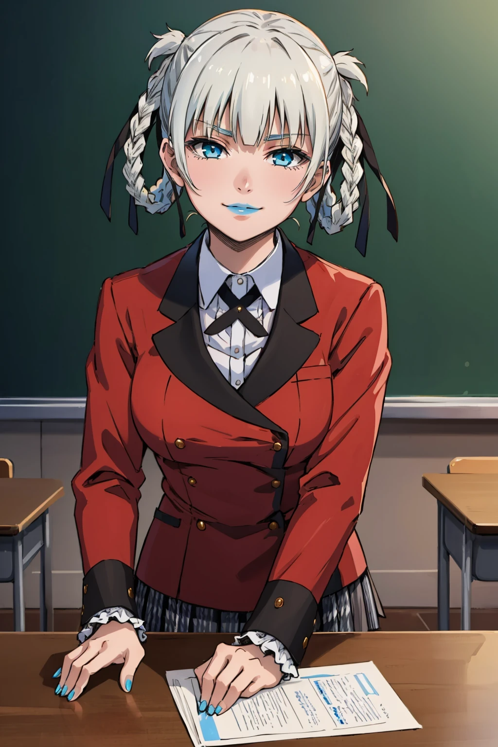 masterpiece, best quality, 1girl,  <lora:kirari-nvwls-v1-000010:0.9> momobami kirari, white hair, braid, hair rings, hair ribbon, blue lipstick, black ribbon, collared shirt, red blazer, houndstooth skirt, pantyhose, leaning forward, upper body, furrowed brow, smile, looking at viewer, classroom, hand up, blue nails