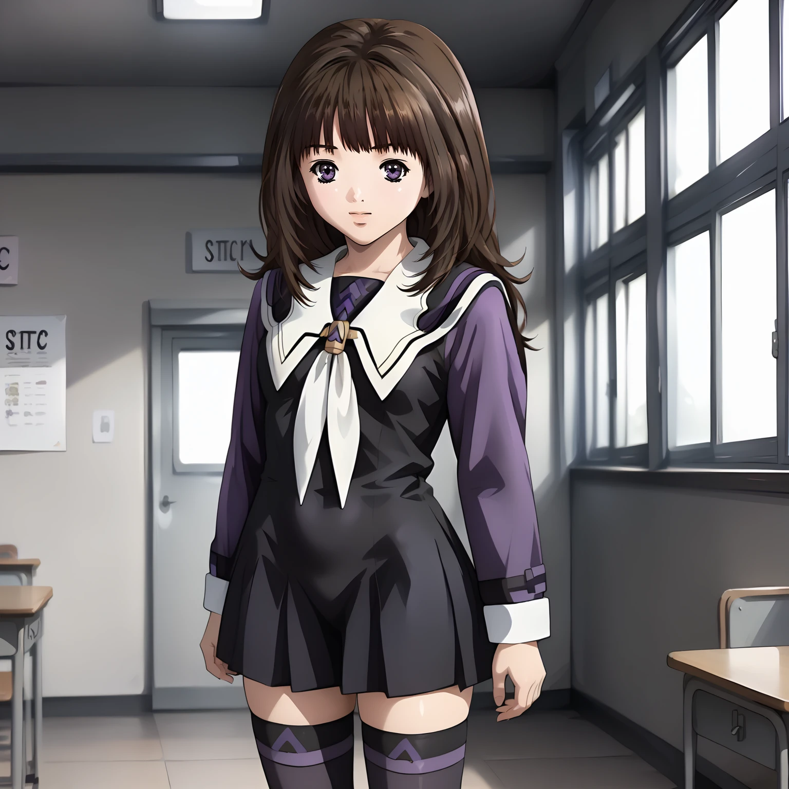 <lora:IoriYoshizukiXLpony001>,
solo,
IoriYoshizuki,1girl,brown hair,long hair,purple eyes,
school_uniform,black dress,long sleeves,
thighhighs,