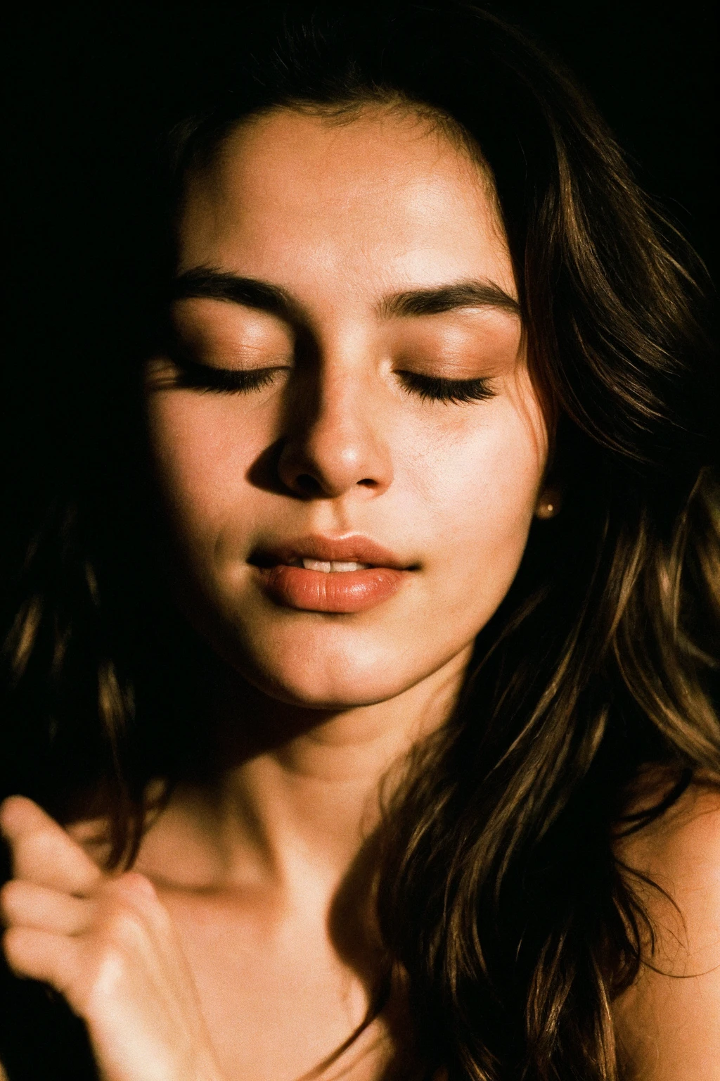 Deep photo, depth of field, ferrania p30 film, shadows, messy hair, perfect face and body, dark, nighttime, dark photo, grainy, dimly lit, seductive smirk, harsh camera flash ((eyes closed))