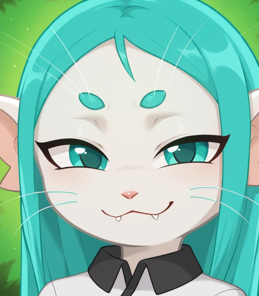 (ariral:1.1), female, white body,aqua hair, aqua eyes, cute fangs, smug \:\3,whiskers, white shirt with black trim
 <lora:ariral xl 1024 v1.1 rank128 pony:1>