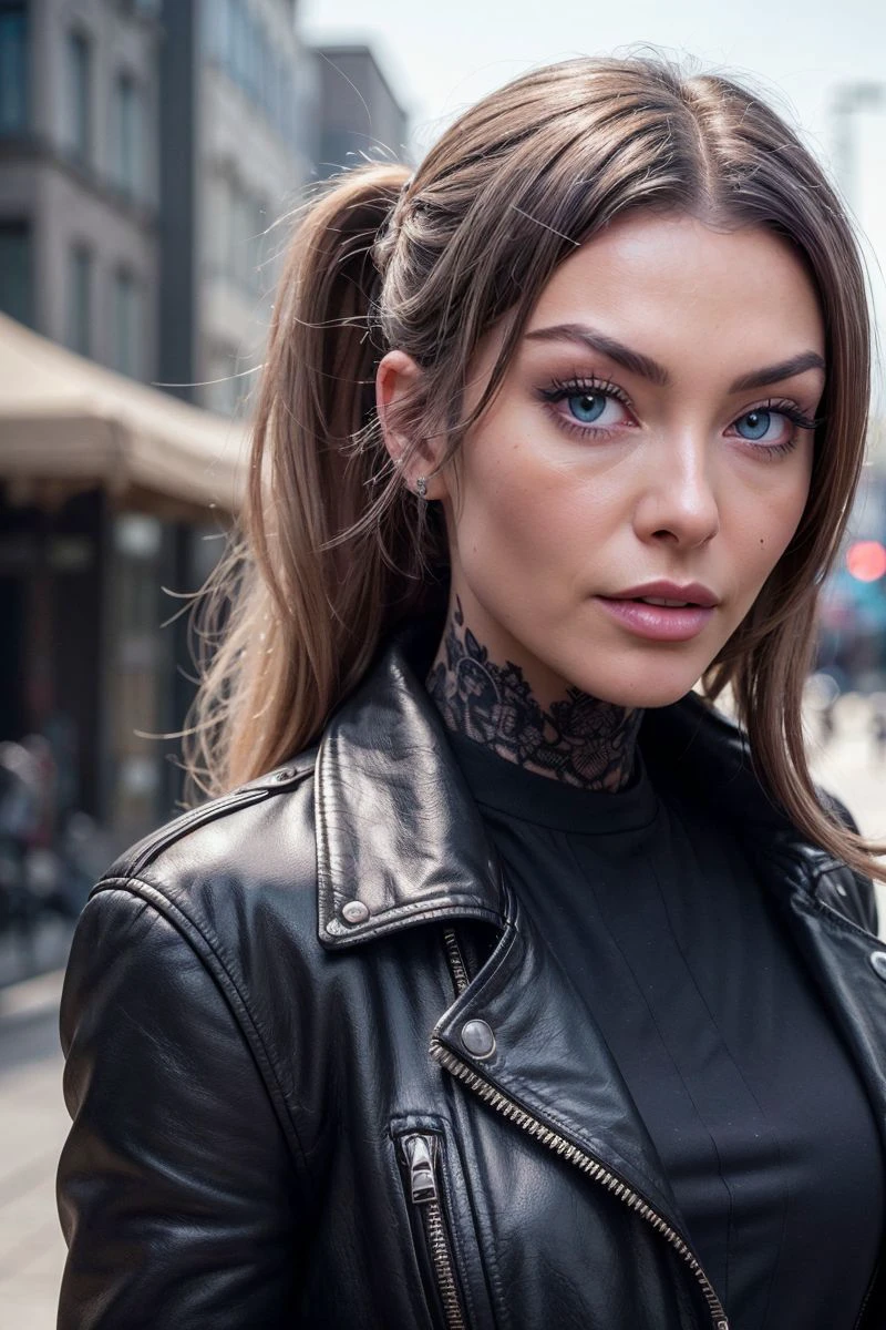 closeup headshot of S385_TabithaPoison,a beautiful woman,in a (city:1.1),wearing (leather-jacket:1.1),(ponytail),(4k, RAW photo, best quality, 50mm, depth of field, ultra high res:1.1),(intricate, photorealistic, cinematic-shot, masterpiece, ultra-detailed:1.1),