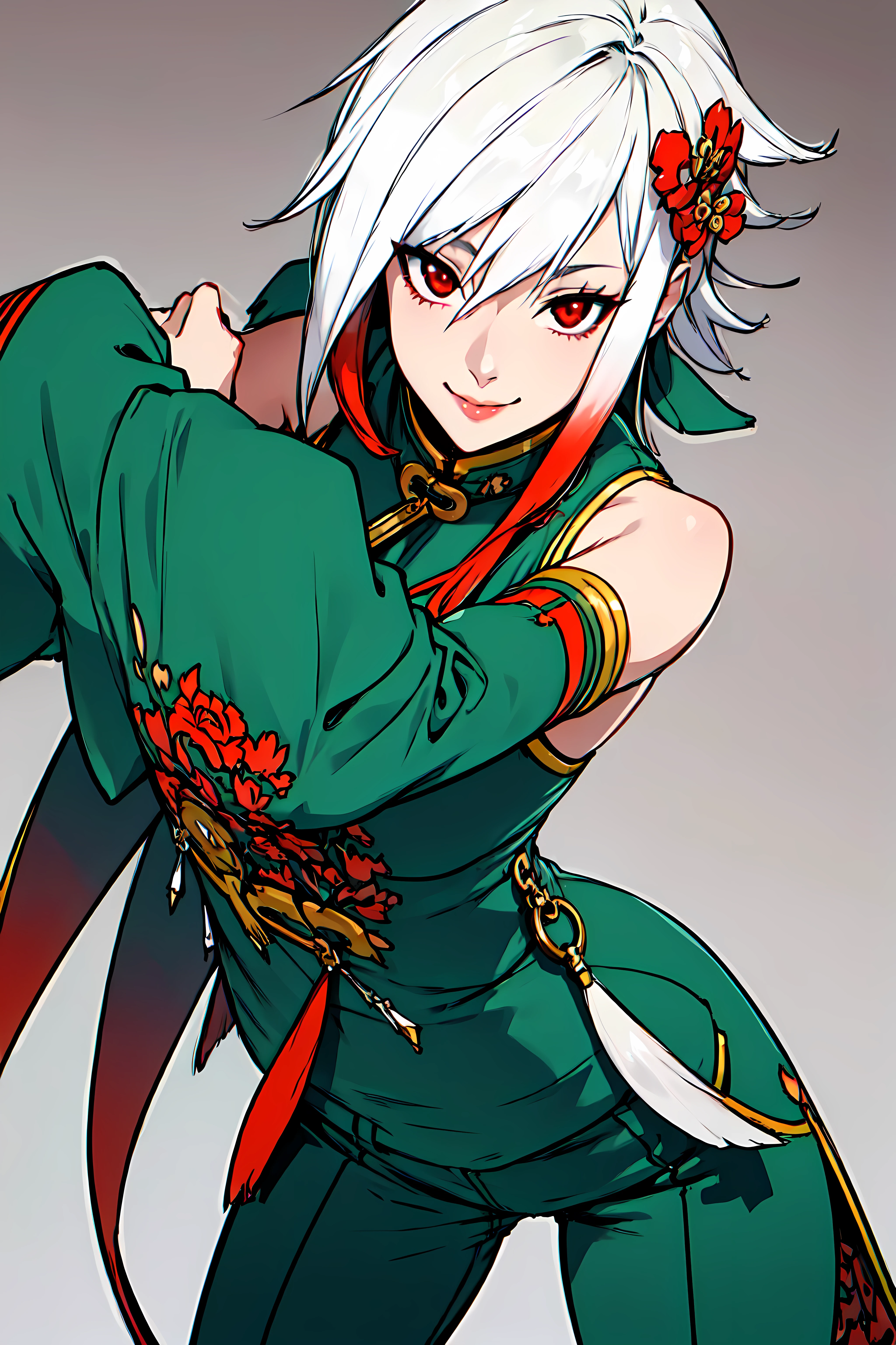best quality, extremely detailed, anime style, key visual,
8k, high res,
<lora:hews style by goofy ai:0.4> <lora:cutesexyrobutts_v2:0.2> <lora:puuzaki-puuna-lora-v1:0.2> <lora:Maki Yoko_20230823184820:0.2>
<lora:Kenshin187:0.2>
<lora:Round_Breasts_V7:0.4>ROUND BREASTS,medium BREASTS
(simple background,:1.2)
1girl, slender, waist, (muscular:0.7)
<lora:Character_ort_xiaolong_kofmia_v0.2:0.98>
xiaolong_kofmia,
white hair, gradient hair, hair ornament, red eyes,
chinese cloth, green cloth, long pants, wide sleeves, detatchyed sleeves
standing, sexy pose, smile,
cinematic angle, dynamic pose,