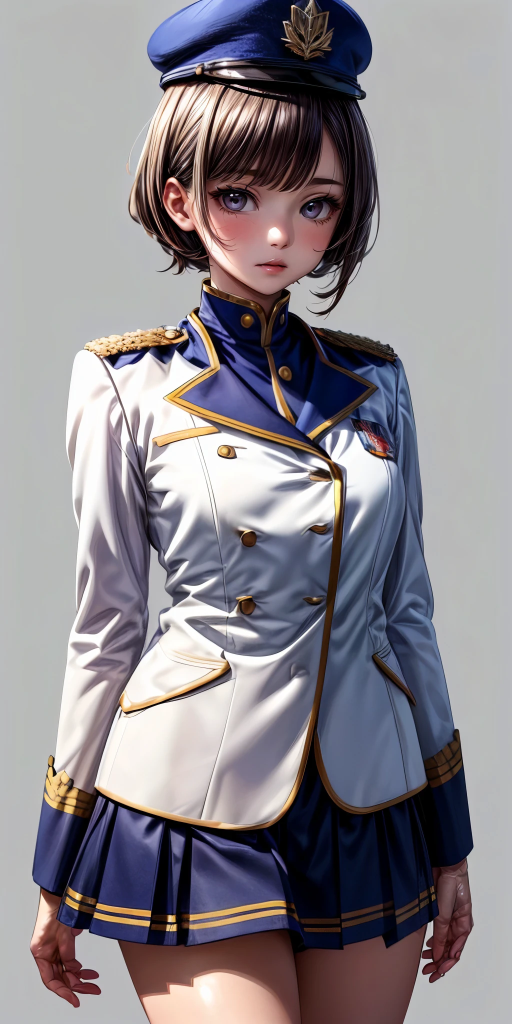 masterpiece,ultra-detailed,best quality,8K,illustration,cute face,clean skin ,shiny hair,
girl,<lora:more_details:1>,simple background
 <lora:marching uniform v1.0:0.5> jyojifuku, marching, hat, skirt,uniform