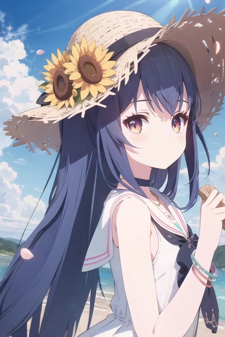 (masterpiece),best quality,portrait,three-quarter view,eye focus,
1girl,hat,flower,sunflower,solo,long hair,dress,looking at viewer,straw hat,jewelry,petals,hand on headwear,holding,bracelet,ribbon,sailor dress,holding flower,sailor collar,choker,bangs,very long hair,necklace,closed mouth,sleeveless,sun hat,bouquet,