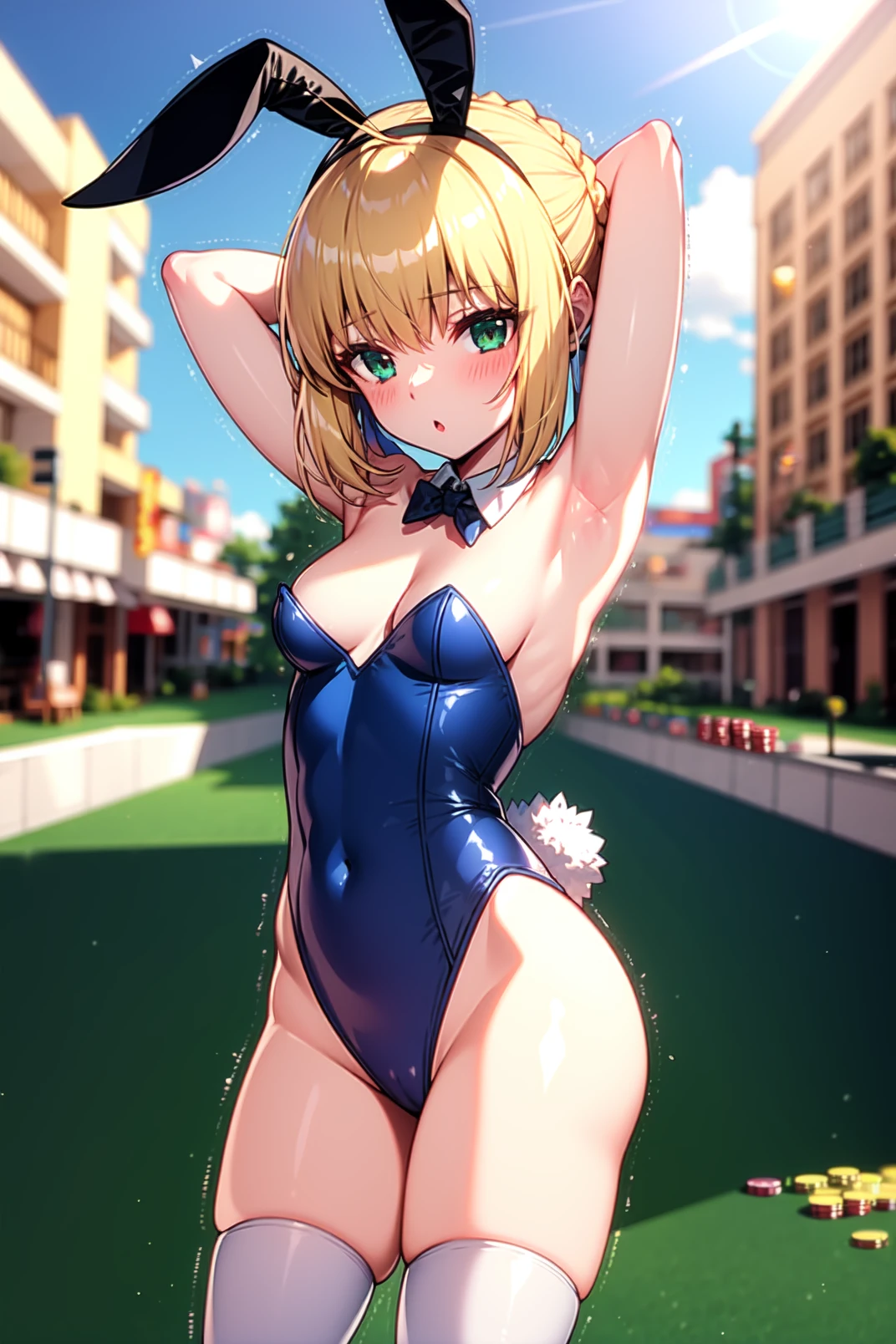  solo, masterpiece, best quality, outdoors, casino, looking at viewer, :o, closed mouth, blush, saber, blue eyes, blonde hair, sidelocks, ahoge, single hair bun, french braid, blue hair ribbon, playboy bunny, leotard, bowtie, fake animal ears, bunny ears, white thighhighs, arms behind head