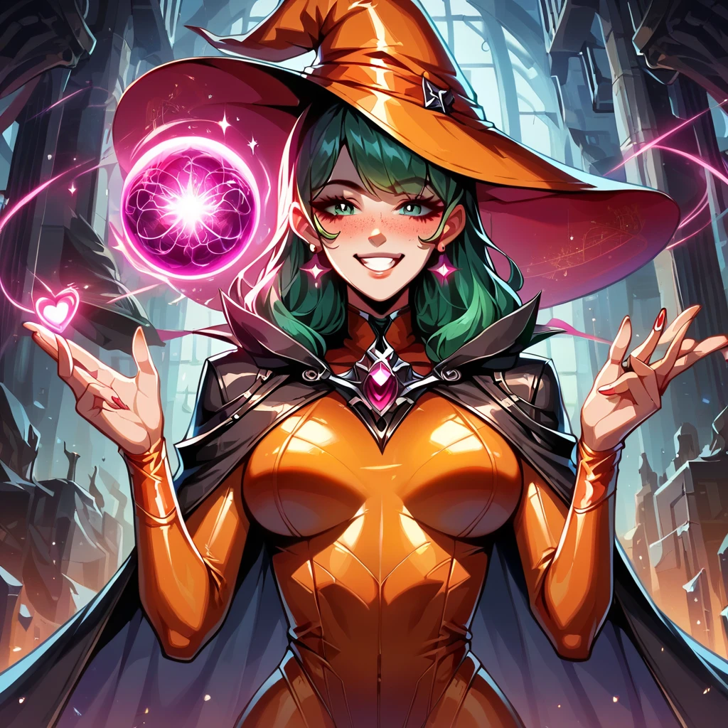 score_9, score_8_up, score_7_up, score_6_up, score_5_up, score_4_up, (Expressiveh, flushed, blushed smug smiling, Low Angle View , Bangs, cute, gymnast, magic Ethereal Heart shape skintight orange latex bodysuit, darkness, Ethereal wizard hat with Stars Print, blushed skin, galaxy vortex, translucent hair, freckled girl, long hair, smug Smile:1.2), holding orange magical orb staff, vibrant, concept art, digital art, realistic, 