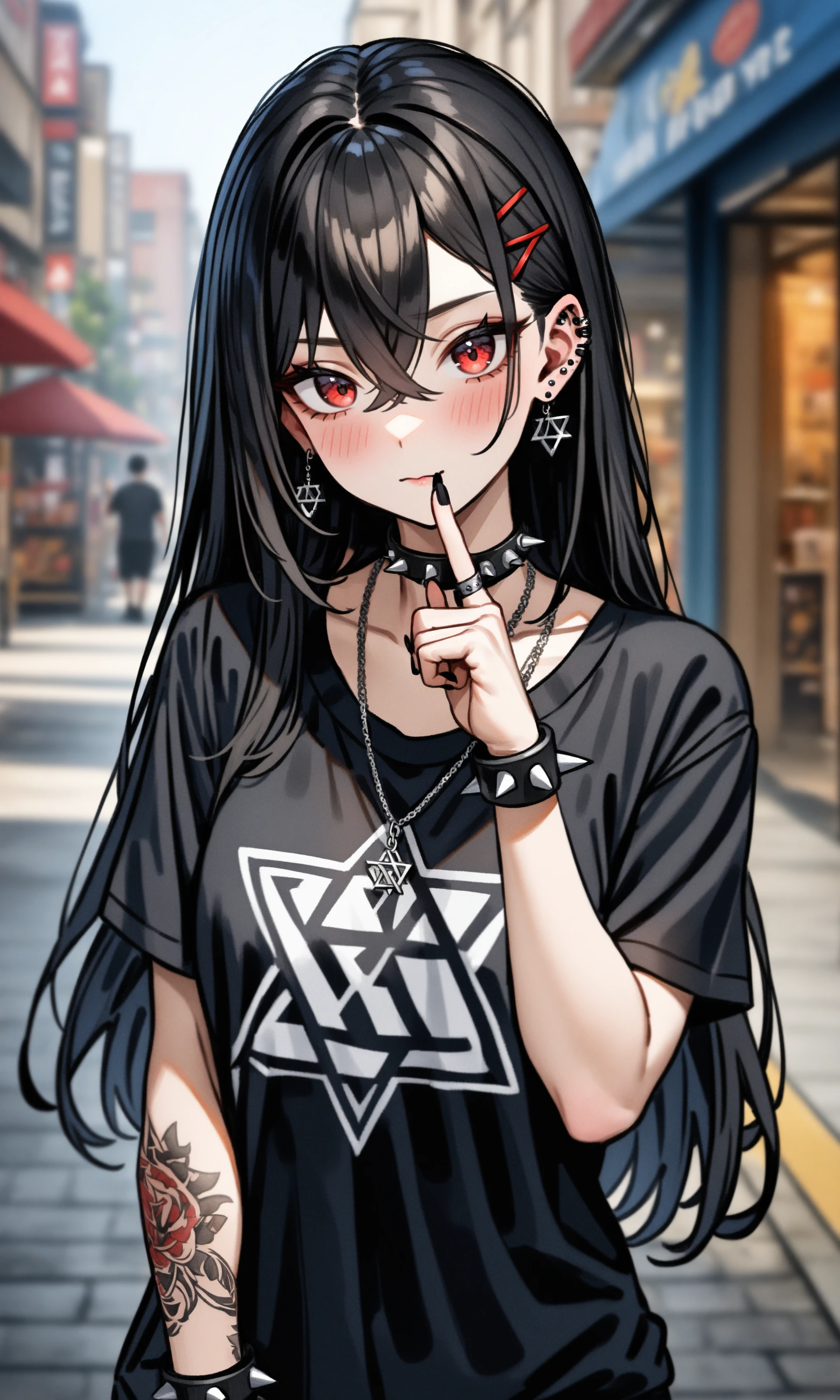 HDR,UHD,8K,best quality,highres,absurdres,masterpiece,Highly detailed,
1girl,jewelry,solo,red eyes,black hair,long hair,shirt,black shirt,spikes,black nails,earrings,looking at viewer,hair ornament,short sleeves,blurry background,upper body,ring,closed mouth,necklace,tattoo,ear piercing,hair between eyes,bracelet,blurry,crossed bangs,nail polish,star of david,hand up,piercing,cross,blush,choker,hexagram,collar,arm tattoo,punk,outdoors,index finger raised,spiked bracelet,hairclip,t-shirt,multiple rings,spiked collar,black choker,full body,