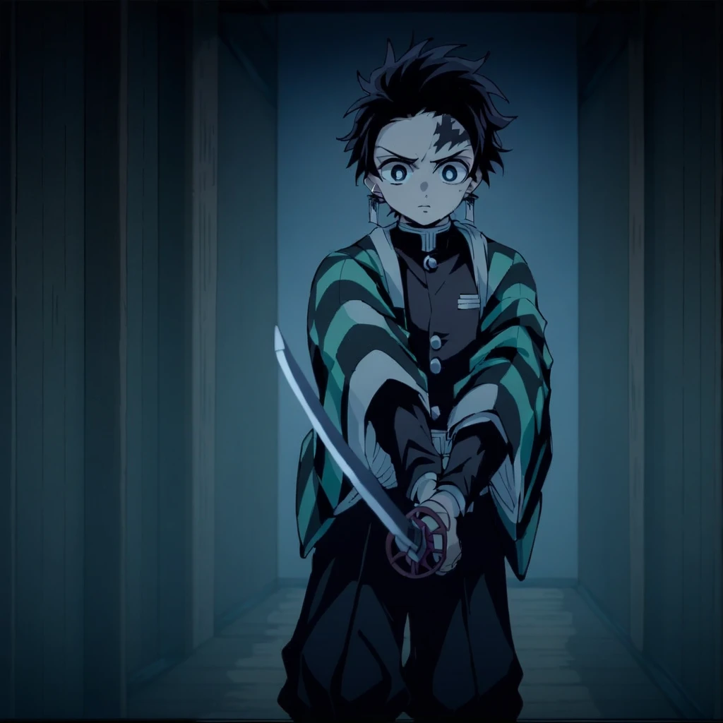 A boy holding a sword . <lora:Ichimonji:0.9>,two hand <lora:tanjiro:0.8> , checkered clothes, demon slayer uniform, black pants