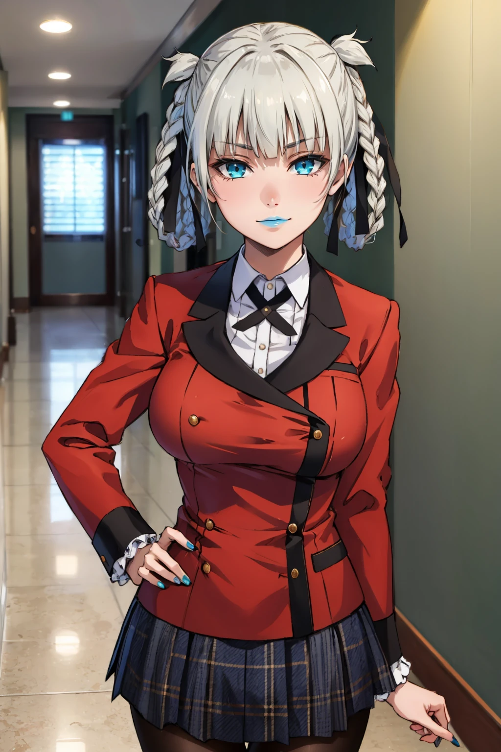 masterpiece, best quality, 1girl,  <lora:kirari-nvwls-v1-000010:0.9> momobami kirari, white hair, braid, hair rings, hair ribbon, blue lipstick, black ribbon, collared shirt, red blazer, houndstooth skirt, pantyhose, cowboy shot, looking at viewer, furrowed brow, smirk, hallway, large breasts, blue nails, hand on hip, hand up, index finger raised