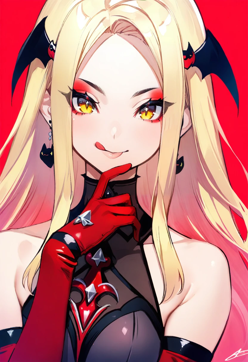masterpiece, best quality, <lora:banpaiakiraXL_ANI31_lokr_V3236:0.95> 1girl, bat hair ornament, solo, gloves, tongue out, yellow eyes, tongue, long hair, blonde hair, red background, earrings, looking at viewer, hair ornament, jewelry, eyeshadow, red gloves, virtual youtuber, simple background, sleeveless, signature, portrait, smile, makeup, bangs, red eyeshadow, bare shoulders, parted bangs, upper body, mole, hand up