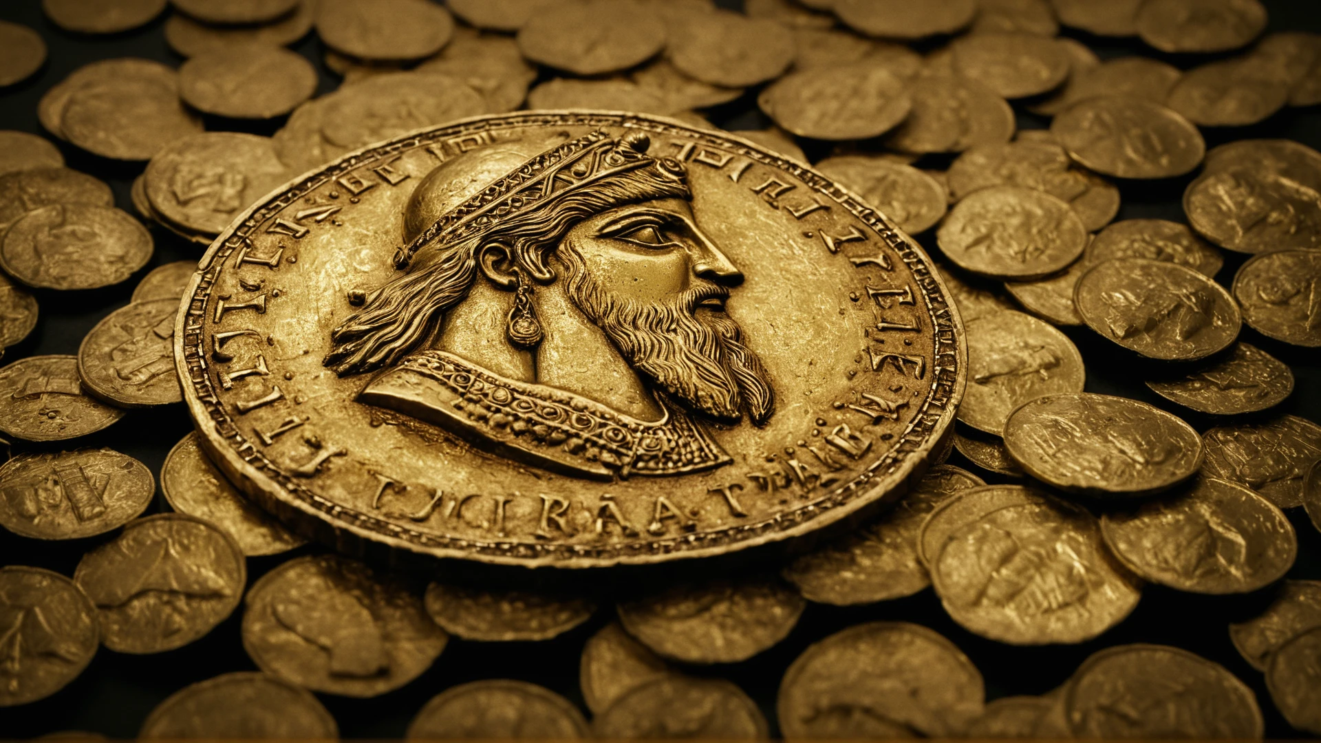 cinematic film still of  <lora:spartan style v2:1>
In 480 B.C. a gold coin with a Persian face on it,simple background,food,no humans,black background,realistic,planet,food focus,still life , realistic, realism, photorealism, hyperrealism, hyperrealistic, realistic, sharp, detailed, cinematography style, film light style, movie still,  professional photography, artistic, perfection, contrast, cinematic, filmic, high quality photo,  8k quality, colorful, photography style, different people, war, warrior, armor, spartan style, shallow depth of field, vignette, highly detailed, high budget, bokeh, cinemascope, moody, epic, gorgeous, film grain, grainy