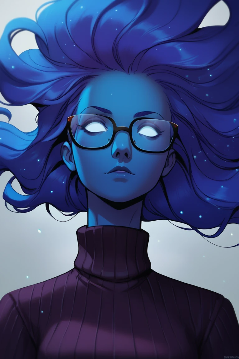 score_9, score_8_up, score_7_up, BREAK, 1girl, solo,  <lora:singularity-guy-PONYv1:.8>, singularity, blue skin, white eyes, no pupils, floating hair, turtleneck sweater, glasses, looking at viewer, portrait,