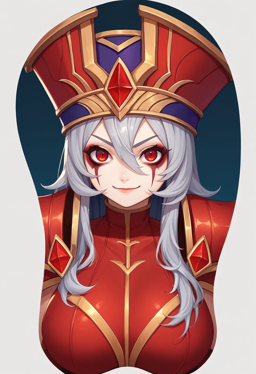 score_9, score_8_up, score_7_up, source_anime, mousepad \(medium\), upper body, cropped torso, simple background, solo, 1girl, sallywhitemane, evil smile, looking at viewer, red eyes, grey hair, long hair, mascara, hat, red leotard, shoulder armor, pauldrons, large breasts <lora:concept_mousepad_ponyXL:1.1> <lora:sallywhitemane-wc-richy-v1_pdxl:1>