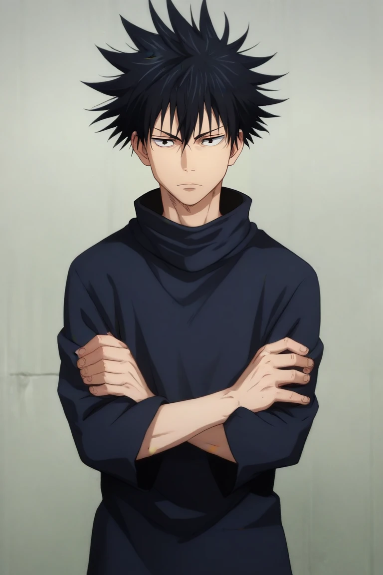 score_9, score_8_up, score_7_up, source_anime, (photorealistic:0.6), , , , 1boy, solo, male focus, <lora:megumi_fushiguro_pony:0.92>, megumi_fushiguro, black hair, black eyes, spiked hair, short hair, bangs, hair between eyes, , , Arms crossed tightly, suggesting defensiveness or discomfort, <lora:sdxl_lightning_8step_lora:1>