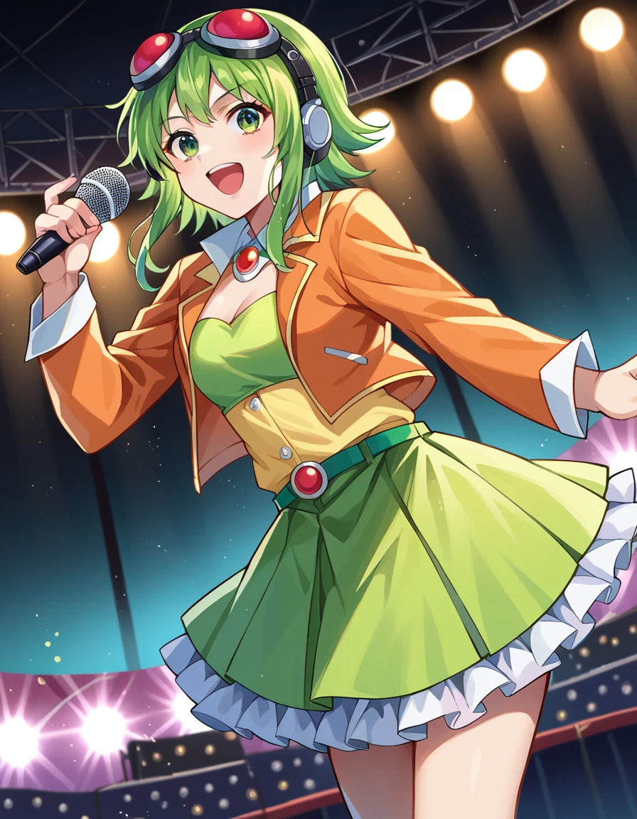 score_9, score_8_up, score_7_up, source_anime,
vocaloidgumi, <lora:vocaloid-gumi-ponyxl-lora-nochekaiser:1>,
gumi, green eyes, green hair, medium hair, sidelocks,
belt, brooch, frilled skirt, frills, goggles, goggles on head, green skirt, green tube top, headphones, high heels, jacket, jewelry, layered skirt, orange jacket, orange skirt, pleated skirt, red goggles, shirt, skirt, strapless, tube top, yellow shirt,
indoors, stage, stage lights, singing, audience, microphone, holding microphone, open mouth,
looking at viewer, dutch angle, cowboy shot,